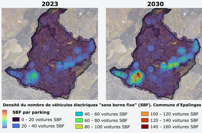 Besoins de bornes de recharges en 2023 et 2030 dans un rayon de 100m à Épalinges. Crédit : Commune d’Épalinges .